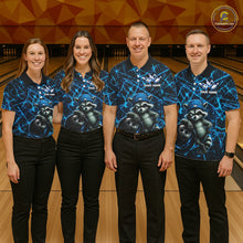 Load image into Gallery viewer, Men women bowling team wearing matching neon blue raccoon bowling jerseys, custom bowling uniforms, bowling league apparel