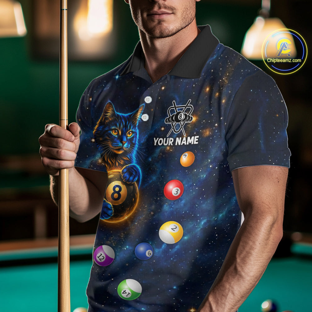 Funny Cat Galaxy Custom 8 Ball Billiard Polo & 1/4-Zip Shirt For Men Blue Billiard Team Jersey NYN3132