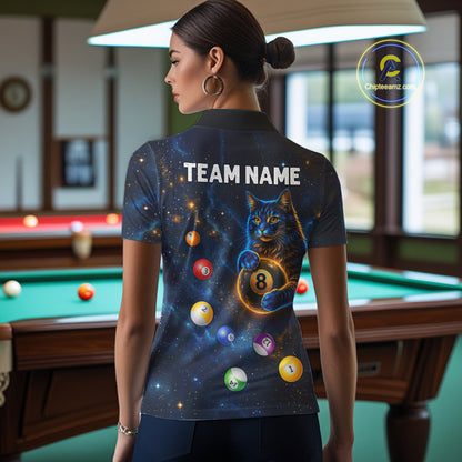 Funny Cat Galaxy Custom 8 Ball Billiard Polo & 1/4-Zip Shirt For Women Blue Billiard Team Jersey NYN3132