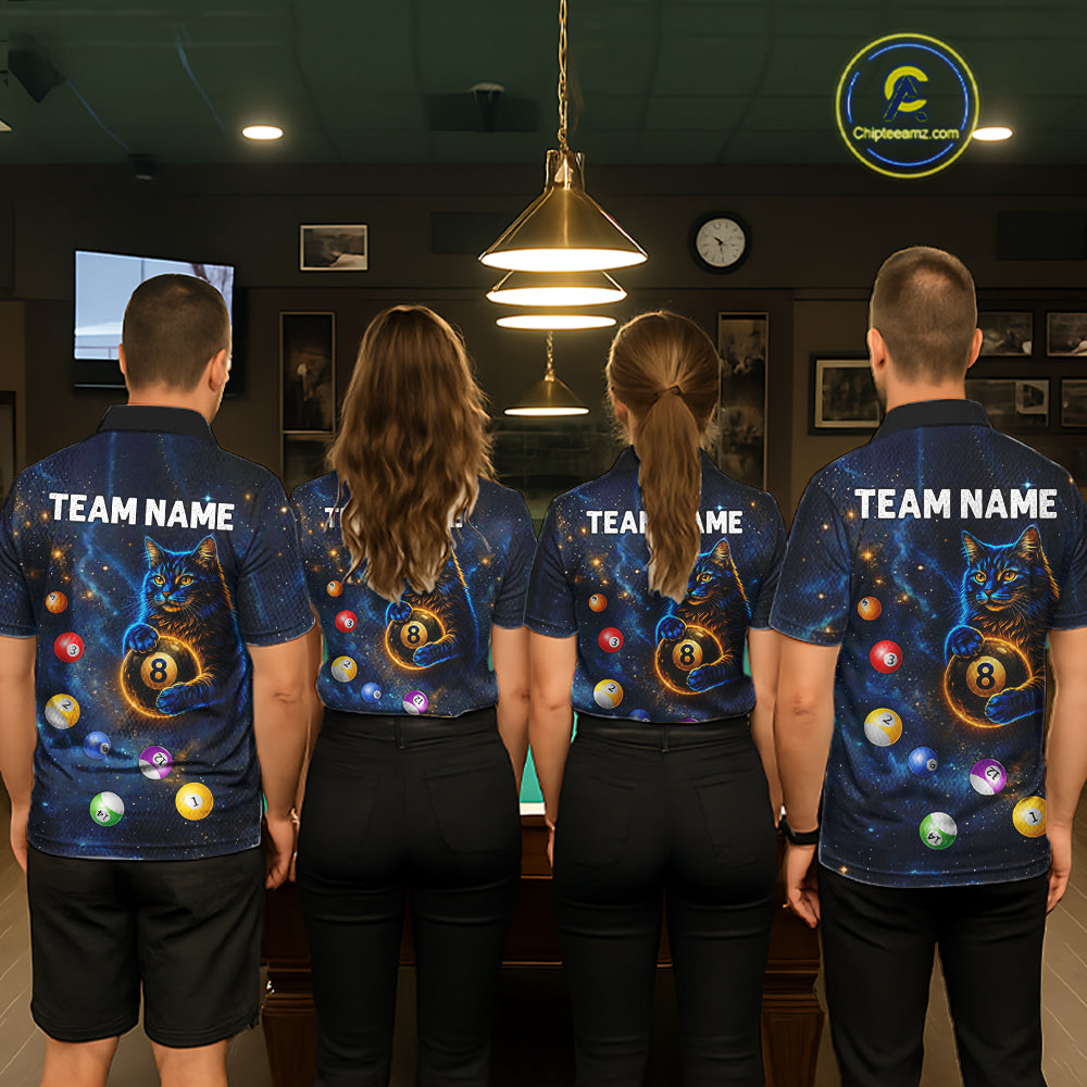 Funny Cat Galaxy Custom 8 Ball Billiard Polo & 1/4-Zip Shirt For Men Blue Billiard Team Jersey NYN3132
