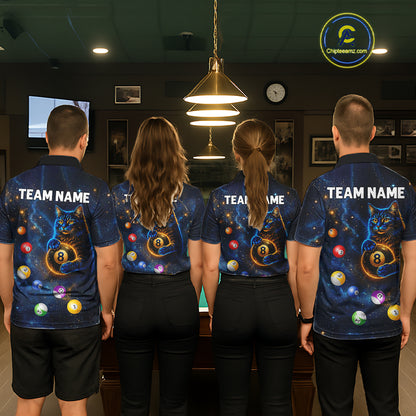 Funny Cat Galaxy Custom 8 Ball Billiard Polo & 1/4-Zip Shirt For Men Blue Billiard Team Jersey NYN3132
