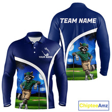 Load image into Gallery viewer, Blue long-sleeve shirt with cartoon raccoon design and customizable text on a white background
