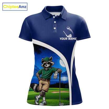 Navy blue polo shirt with raccoon graphic and customizable text on a white background