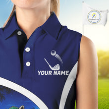 Load image into Gallery viewer, Blue sleeveless shirt with golf-themed design and 'Your Name' text on a blurred golf course background.