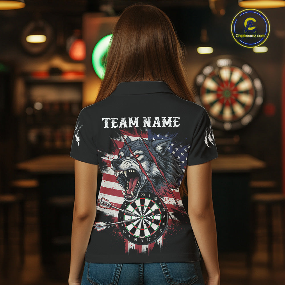 Fire American Flag Darts Polo Shirt For Women Custom Name & Team Patriotic Dart League Shirt NYN2053