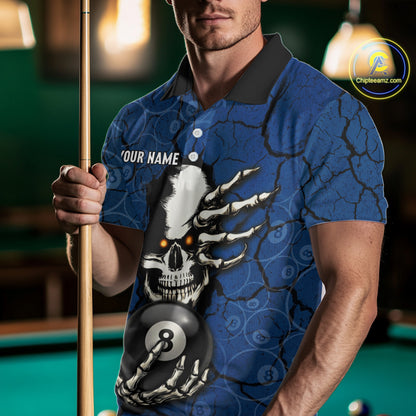 Cracked Blue Skeleton 8 Ball & 9 Ball Billiard Shirt For Men Custom Pool Billiard Polo & 1/4 Zip Jersey NYN3144