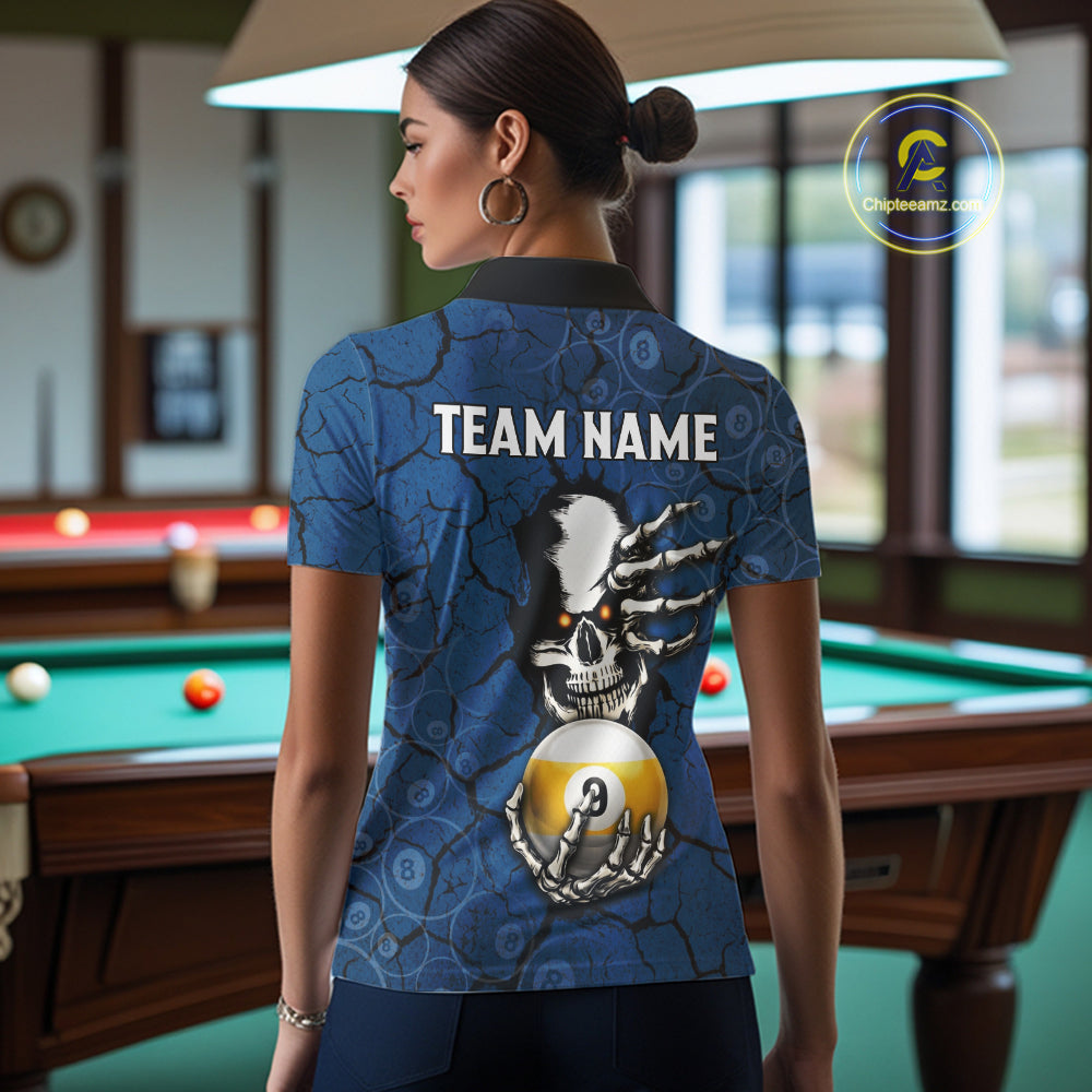Cracked Blue Skeleton 8 Ball & 9 Ball Billiard Shirt For Women Custom Pool Billiard Polo & 1/4 Zip Jersey NYN3144