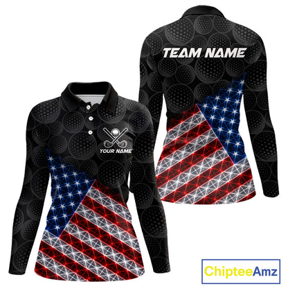 Lightning American flag golf polo long sleeve shirt for women black golf ball design