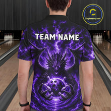 Load image into Gallery viewer, Male bowler wearing Purple Thunder Dragon bowling jersey personalized custom bowling league uniform
