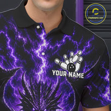 Load image into Gallery viewer, Male bowler wearing Purple Thunder Dragon bowling jersey personalized custom bowling league uniform