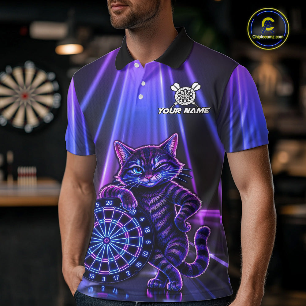 Male model wearing Neon Funny Cat dart polo shirt during dart tournament, personalized team jersey, athletic lifestyle