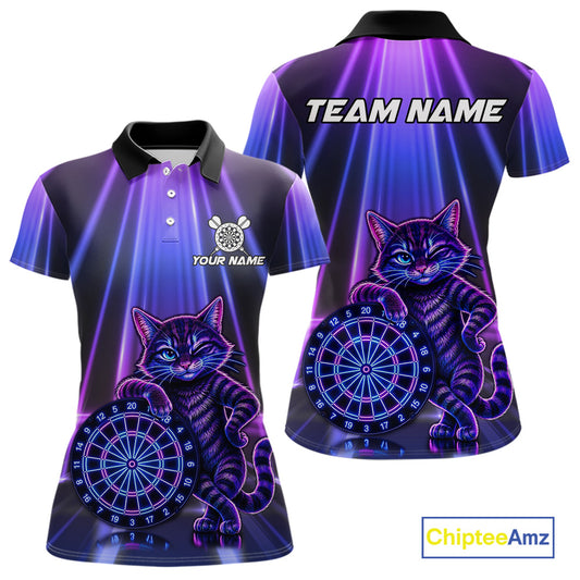 Custom Neon Purple Blue Funny Cat Women's Dart Polo Shirt, Personalized Dart Team Jersey, Cute Cat Dartboard Tournament Apparel, Performance Polo, League Uniform, Neon Sportswear, Precision, Team Spirit, Funny Animal Theme