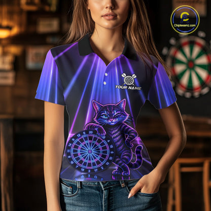 Female model wearing Neon Funny Cat dart polo during league tournament, personalized dart apparel, cat lover sports fashion, confidence, fun competition