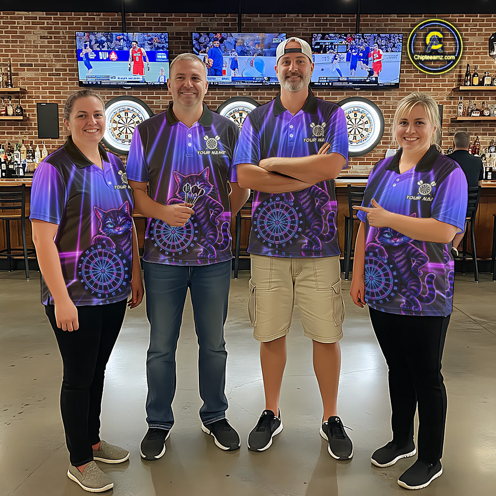 Dart team wearing matching Neon Funny Cat polo and quarter-zip jerseys, personalized tournament uniforms, teamwork, cat lovers.