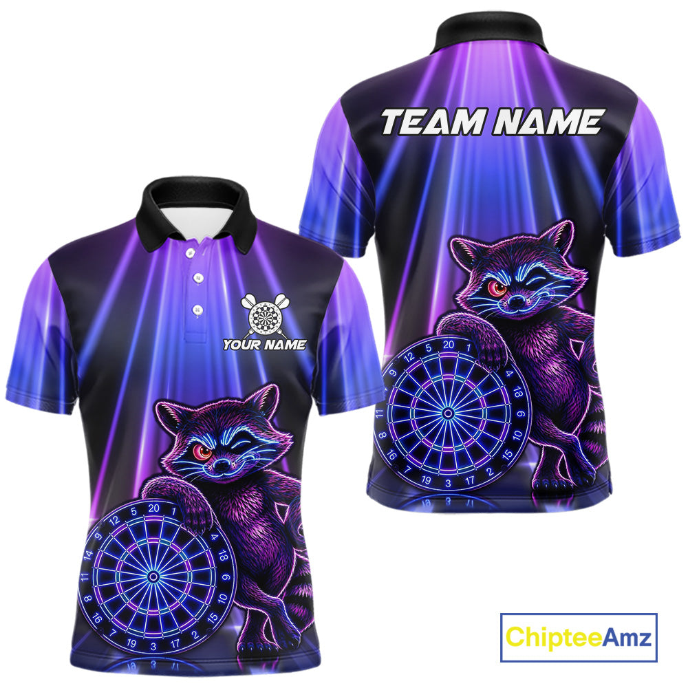 Custom Neon Purple Blue Funny Raccoon Men's Dart Polo Shirt, Personalized Dart League Jersey, Athletic Apparel