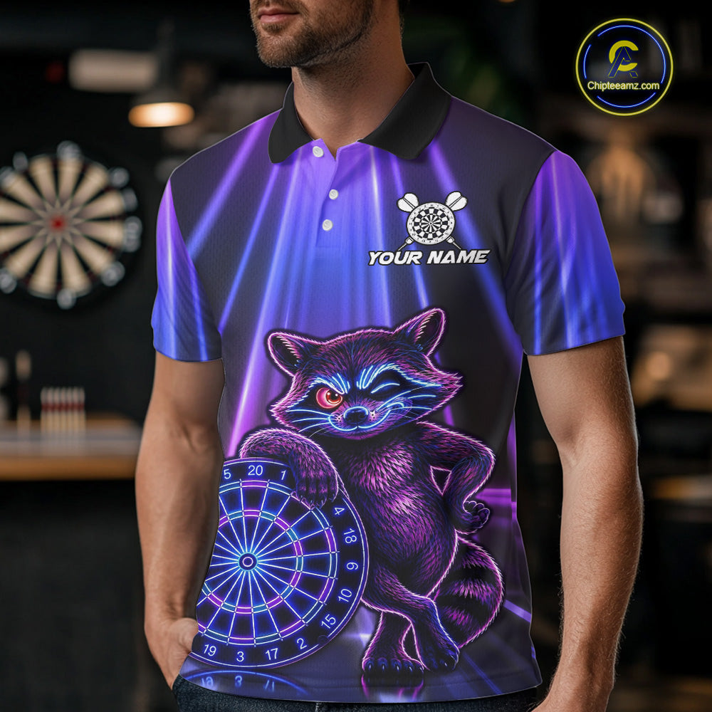 Male model wearing Neon Funny Raccoon dart polo during competition, cartoon dart jersey, athletic lifestyle