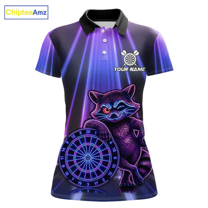 Custom Neon Purple Blue Funny Raccoon Women's Dart Polo Shirt, Personalized Raccoon Dart Team Jersey, Cartoon Tournament Apparel, Performance Polo, Woodland Theme