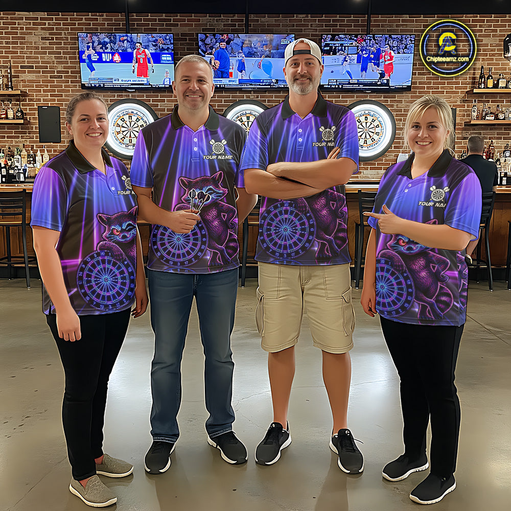 Dart team wearing matching Neon Funny Raccoon jerseys, personalized league uniforms, teamwork, outdoor lifestyle.