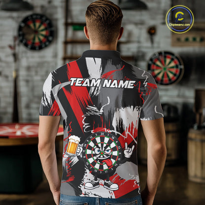 Male model wearing Rock-On Dartboard dart polo shirt, personalized tournament jersey, rock culture sportswear