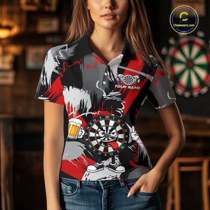 Female model wearing Rock-On Dartboard dart polo during league play, personalized dart apparel, rock music lifestyle, confidence