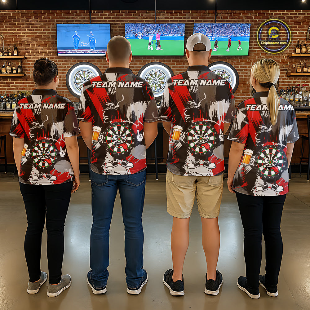 Dart team wearing matching Rock-On Dartboard jerseys, personalized league uniforms, teamwork.