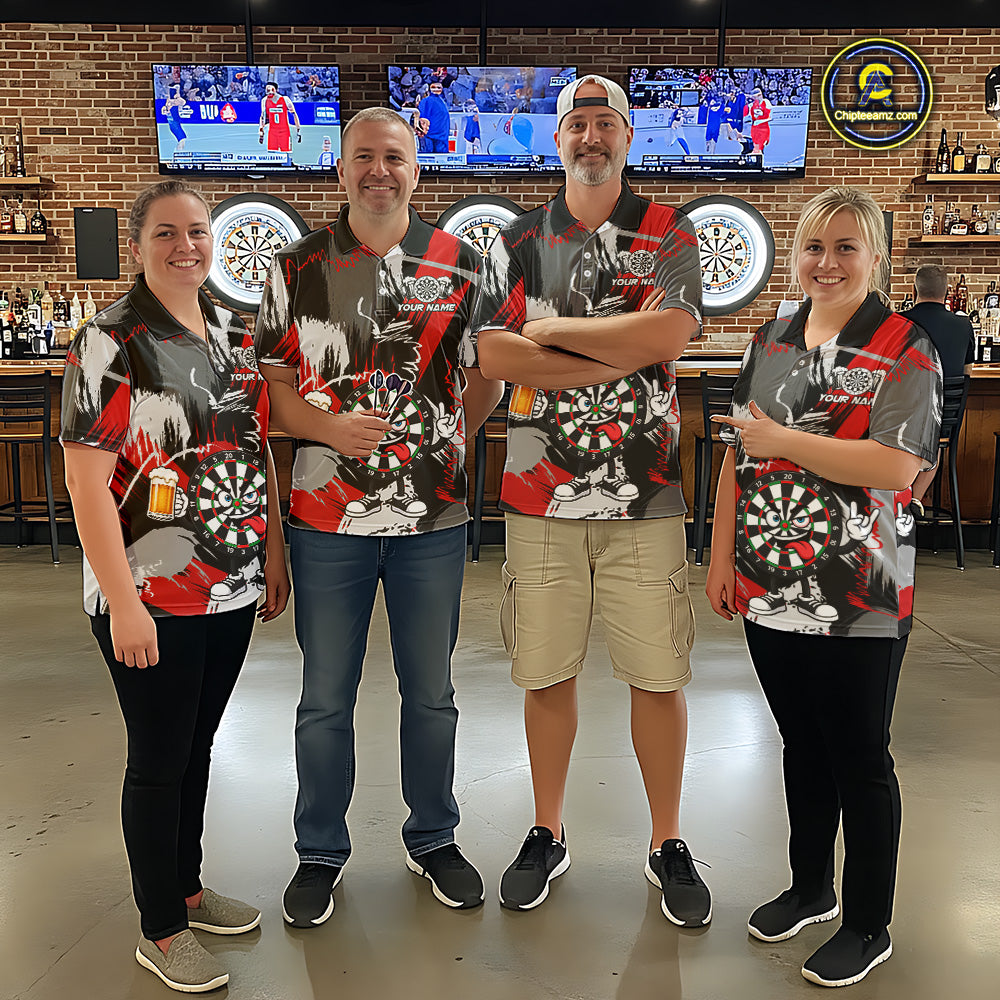 Dart team wearing matching Rock-On Dartboard jerseys, personalized league uniforms, teamwork.