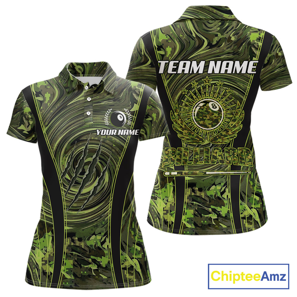 Green Camo 8 Ball Billiard Polo & 1/4 Zip Shirt For Women Custom Pool Team Shirt, Billiard Clothes NYN2941