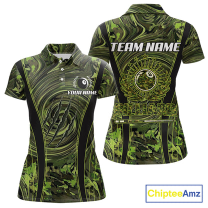 Green Camo 8 Ball Billiard Polo & 1/4 Zip Shirt For Women Custom Pool Team Shirt, Billiard Clothes NYN2941