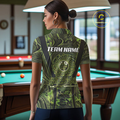 Green Camo 8 Ball Billiard Polo & 1/4 Zip Shirt For Women Custom Pool Team Shirt, Billiard Clothes NYN2941