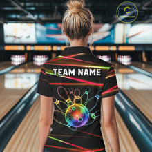 Load image into Gallery viewer, Female bowler wearing Orange and Green Neon rainbow bowling jersey, custom bowling team shirt, colorful bowling league apparel