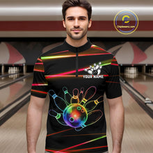 Load image into Gallery viewer, Male bowler wearing Orange and Green Neon rainbow bowling jersey, custom bowling team shirt, colorful bowling league apparel