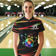 Load image into Gallery viewer, Female bowler wearing Orange and Green Neon rainbow bowling jersey, custom bowling team shirt, colorful bowling league apparel