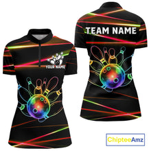 Load image into Gallery viewer, Orange and Green Neon women's quarter zip bowling shirt custom rainbow bowling team jersey, personalized bowling league apparel, custom bowling uniform