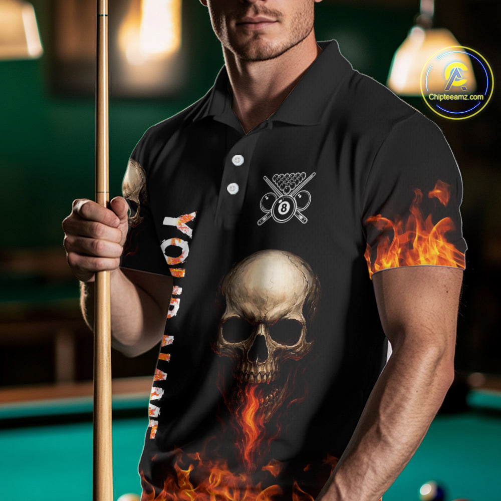 Fire Flame Pool 8 Ball Skull Billiard Shirts For Men Custom Billiard League Jerseys | Red NYN2286