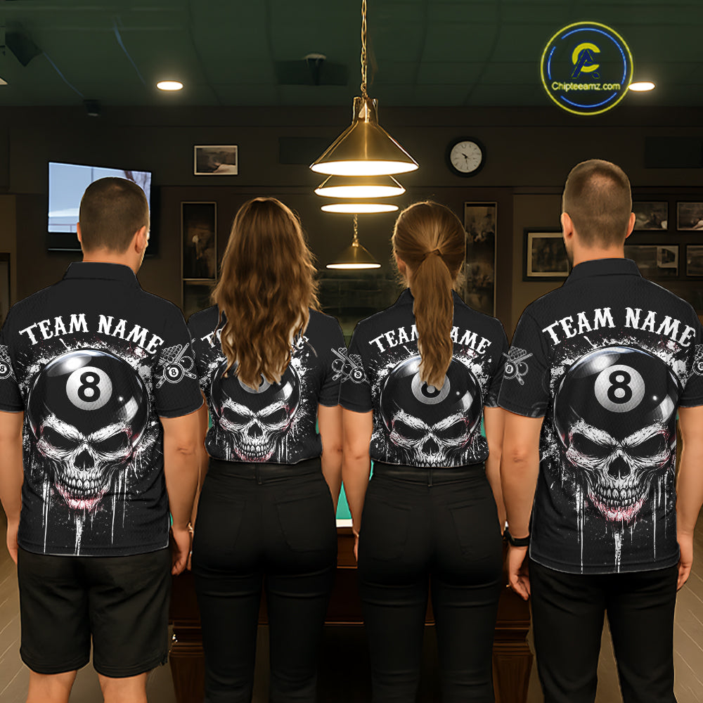 Grey Grunge Skull Billiard Shirts For Men Custom Pool 8 Ball Billiard League Jerseys NYN2291