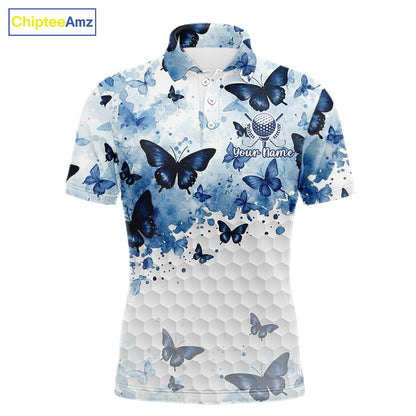 White & Blue Butterflies Mens Golf Polo Shirt Custom Watercolor Golf Shirts Golf Attire NYN3155