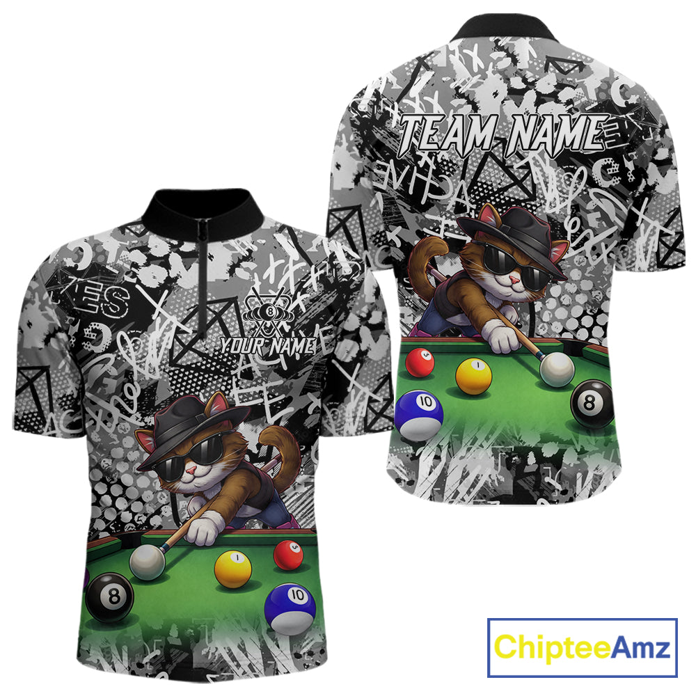 Custom Funny Pooler Cat 8 Ball Pool Billiard Shirt For Men Polo & 1/4 Zip, Billiard Team Jerseys NYN3160