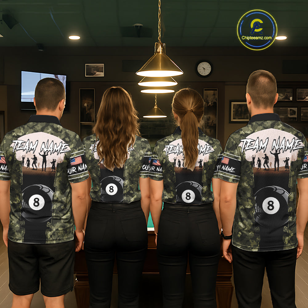 US Flag Skull Patriotic Billiard Shirts For Women Custom Camouflage 8 Ball Billiard Jerseys NYN2292