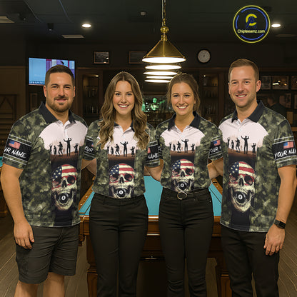 US Flag Skull Patriotic Billiard Shirts For Women Custom Camouflage 8 Ball Billiard Jerseys NYN2292