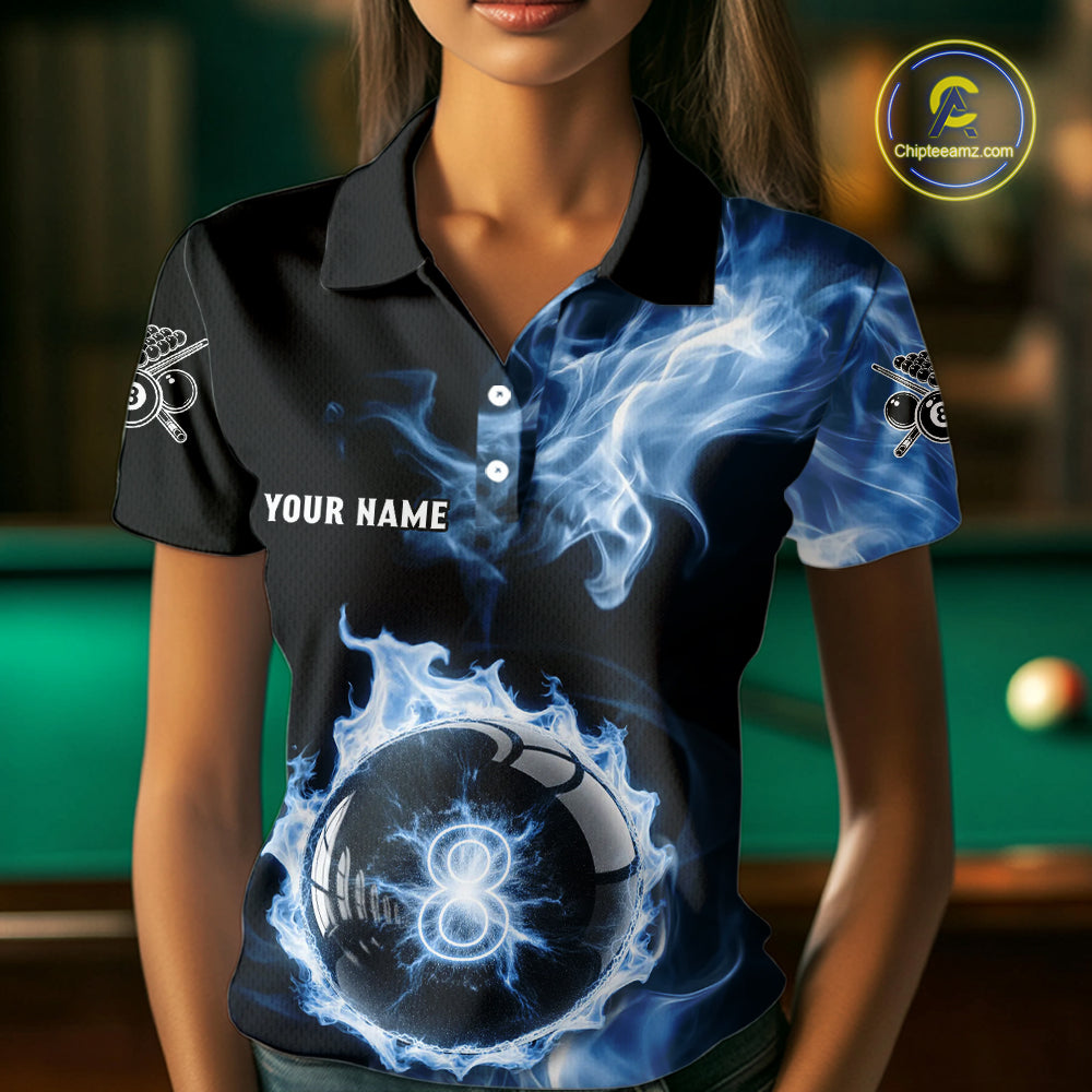 Blue Flaming Pool Billiard Shirts For Women Custom Light Ball 8 Billiard Team Jerseys NYN2300