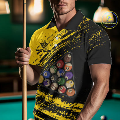 Yellow Grunge Billiard 15 Ball Pool Polo & Quarter-Zip Shirt Custom Billiard Team Attire For Men NYN2747