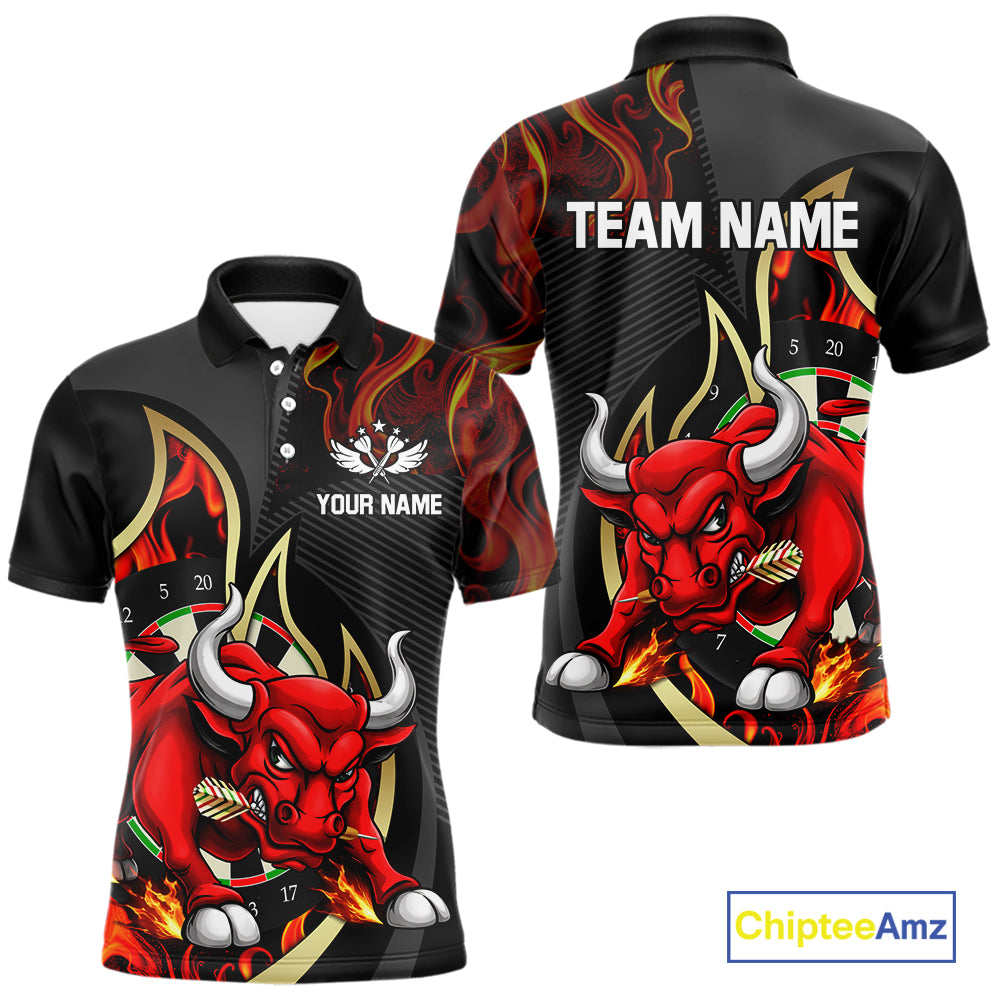 Personalized Bull Red Flames Darts Polo & 1/4-Zip Shirt For Men Funny Dart Team Dart Jerseys NYN2962