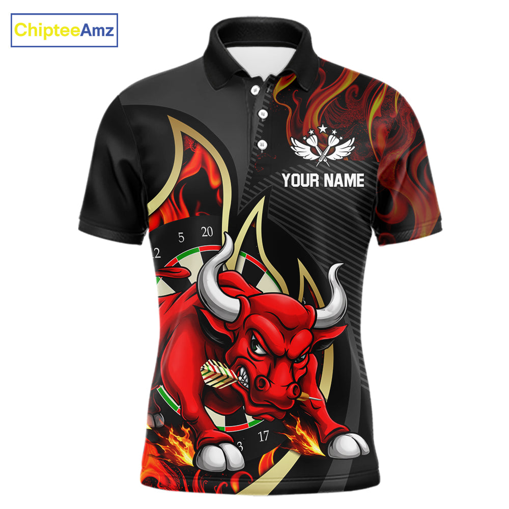 Personalized Bull Red Flames Darts Polo & 1/4-Zip Shirt For Men Funny Dart Team Dart Jerseys NYN2962