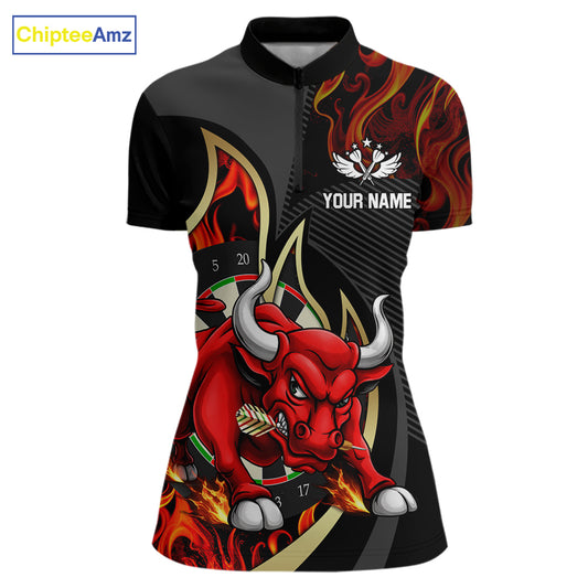 DartsPersonalized Bull Red Flames Darts Polo & 1/4-Zip Shirt For Women Funny Dart Team Dart Jerseys NYN2962