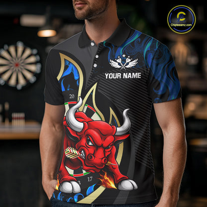 Personalized Bull Blue Flames Darts Polo & 1/4-Zip Shirt For Men Funny Dart Team Dart Jerseys NYN2963