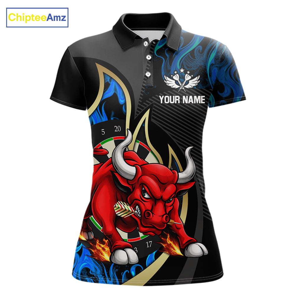 Personalized Bull Blue Flames Darts Polo & 1/4-Zip Shirt For Women Funny Dart Team Dart Jerseys NYN2963