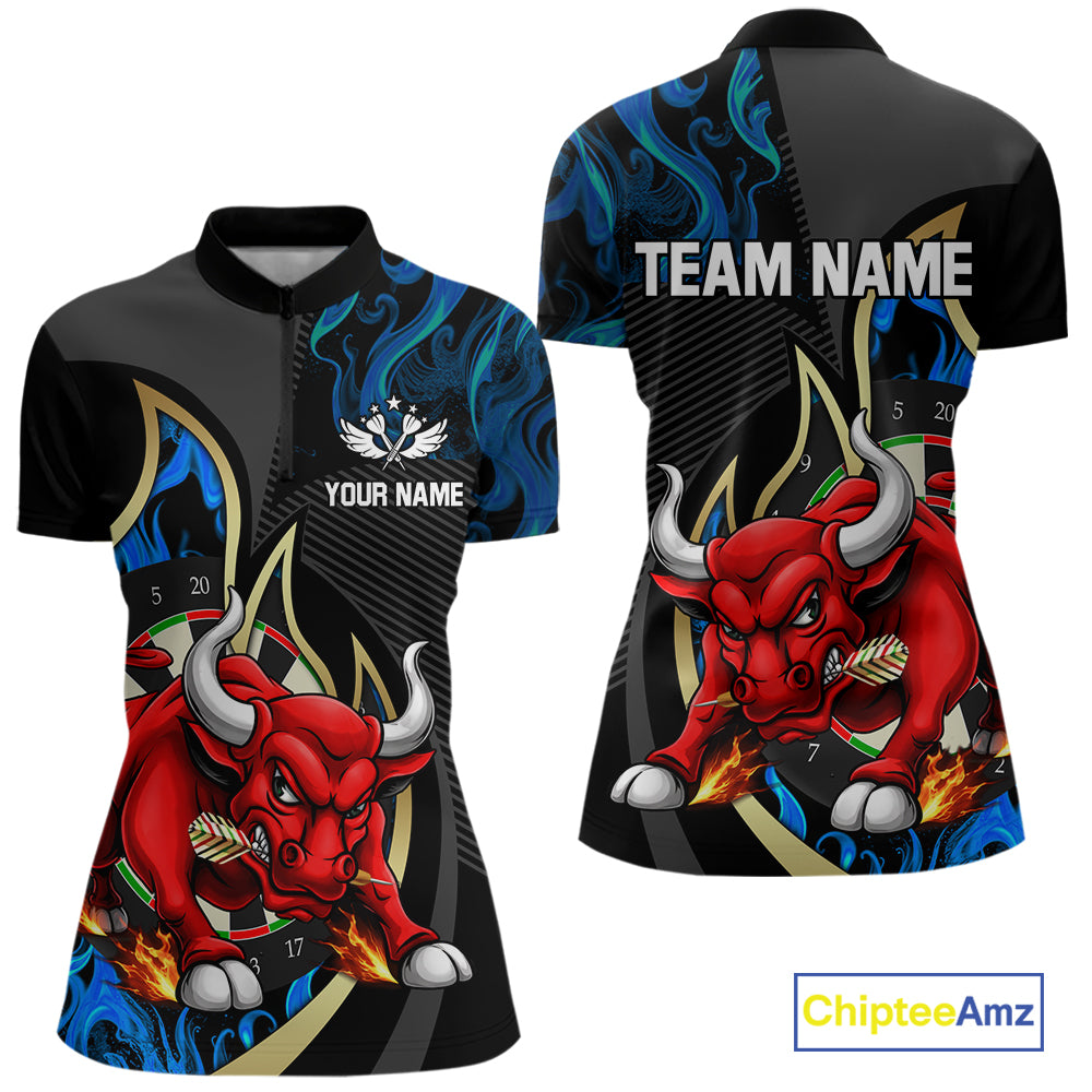 Personalized Bull Blue Flames Darts Polo & 1/4-Zip Shirt For Women Funny Dart Team Dart Jerseys NYN2963