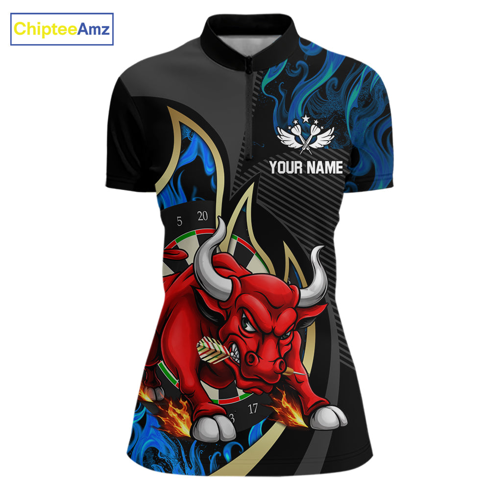 Personalized Bull Blue Flames Darts Polo & 1/4-Zip Shirt For Women Funny Dart Team Dart Jerseys NYN2963
