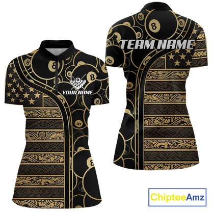 Black & Gold Tribal 8 Ball Pool Shirts Custom Women Billiard Polo & 1/4 Zip Shirt Billiard Team Jerseys NYN2970