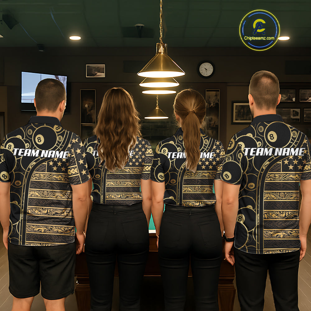 Black & Gold Tribal 8 Ball Pool Shirts Custom Women Billiard Polo & 1/4 Zip Shirt Billiard Team Jerseys NYN2970